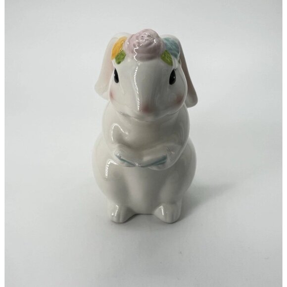 VTG White Easter Ceramic Bunny Rabbit With Roses And A Book - Picture 2 of 10